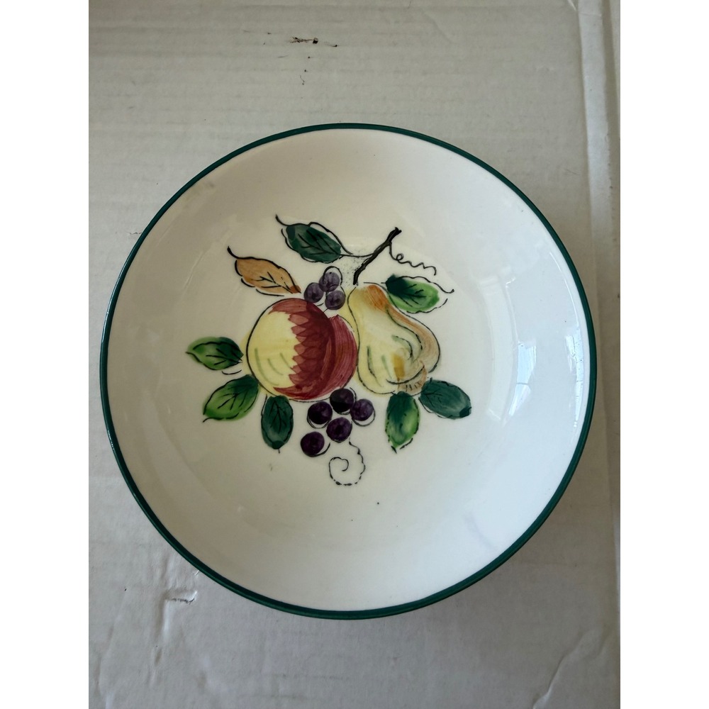 Vintage Japan Hand Painted Fruit Bowl Ceramic Apple Pear Grapes Green Rim 6.25"